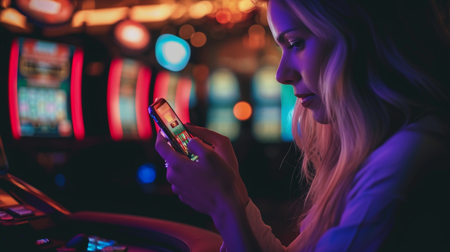 Девушка со смартфоном на фоне залы казино с игровыми автоматами