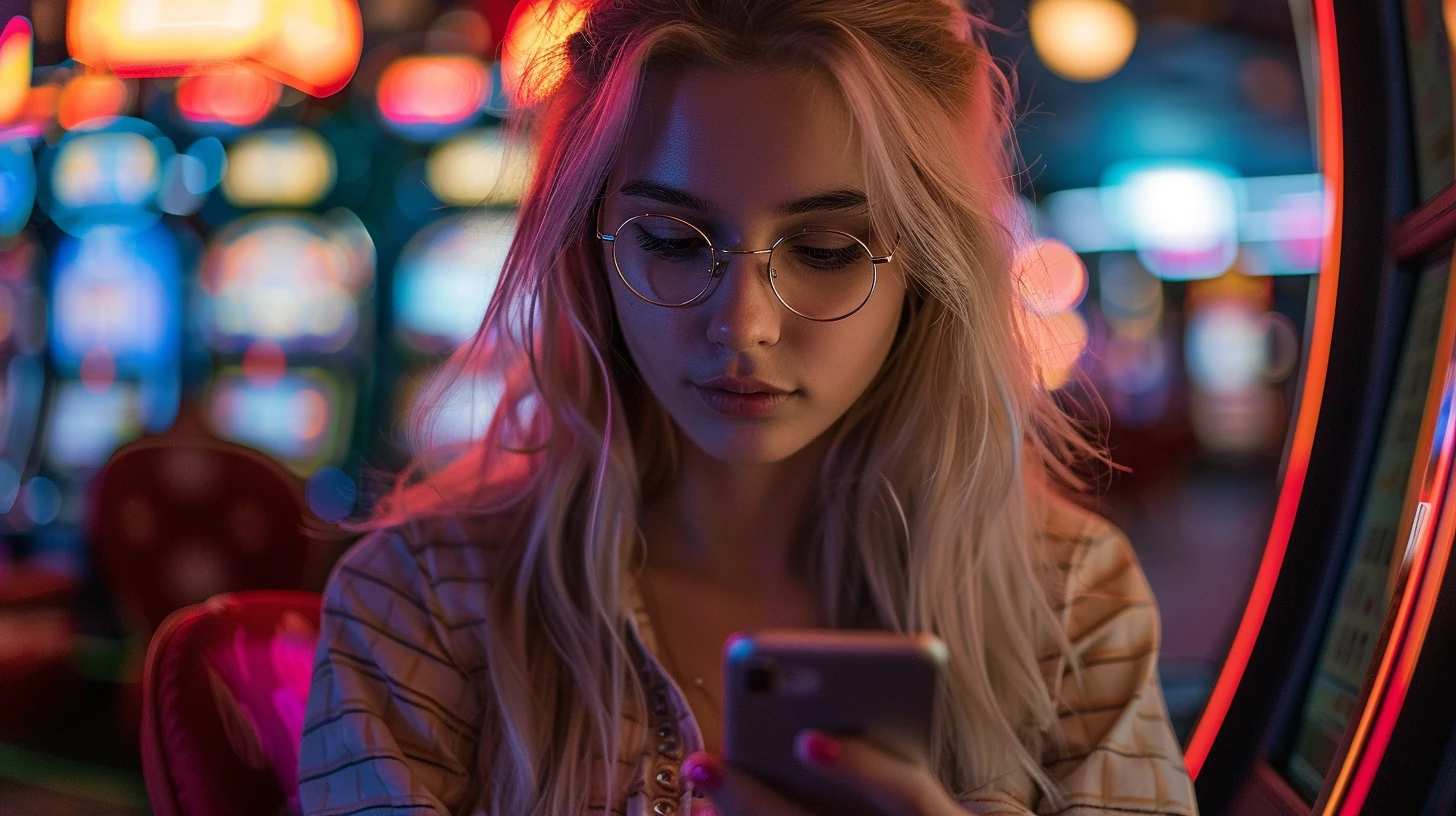Дівчина зі смартфоном в руках біля грального автомата в казино