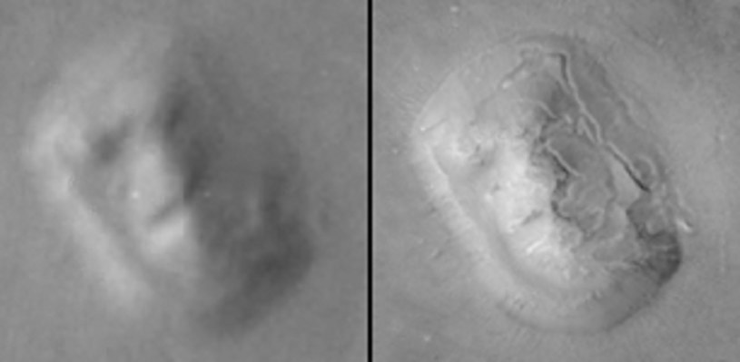 Порівняння фотографій, зроблених Viking 1 у 1976 році (ліворуч) і Mars Global Surveyor у 2001 році. / NASA